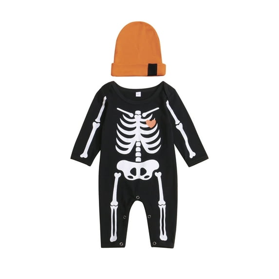 Qiylii Kids Boys Romper Skeleton Print Round Neck Long Sleeve Jumpsuit+ Hat