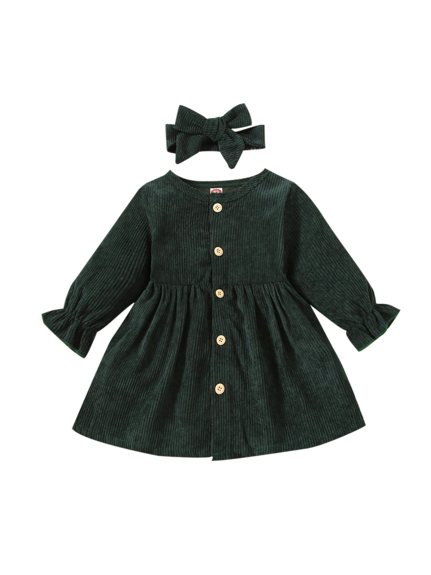 Qiylii Kids Girls Solid Color Velvet Dress Round Neck Long Sleeve