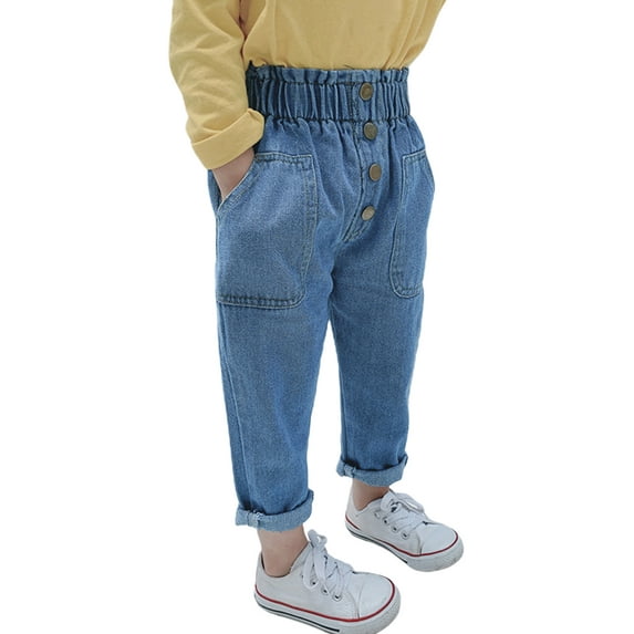 Qiylii Kids High Waist Jeans, Elastic Buttoned High Waist Long Denim Trousers