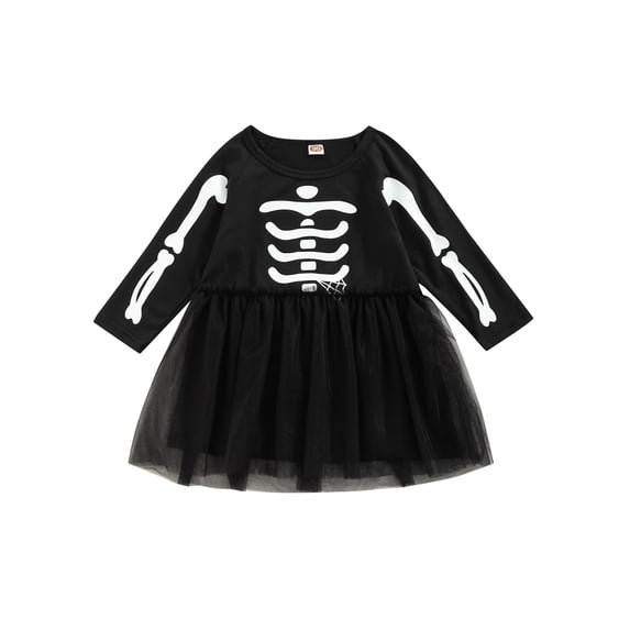 Qiylii Little Girl’s Skull Print Dress, Mesh Yarn Stitching Long Sleeve Dress