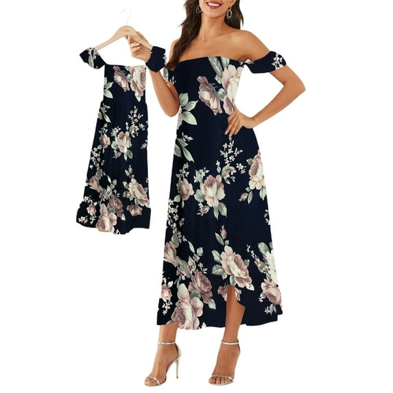 Qiylii Matching Family Outfits Mommy and Me Dresses Off Shoulder High Waist Ruffle Splicing Maxi Dress for Mother's Day