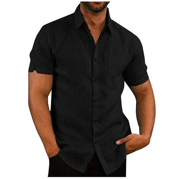 Qiylii Mens Linen Cotton Shirts Solid Color Spread Collar Short Sleeve Tees Button Down Shirts