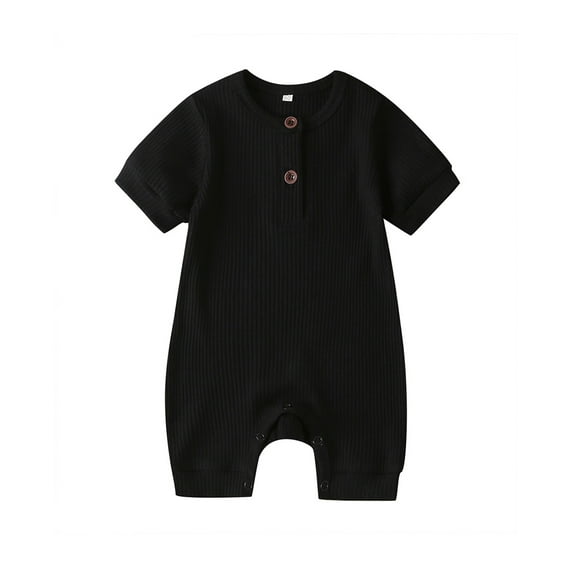 Qiylii Newborn Baby Solid Color Romper, Short Sleeve Knit Rib O Neck Button
