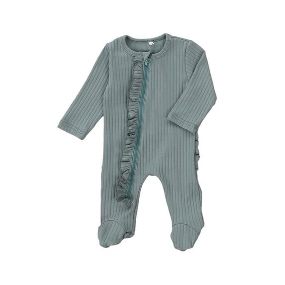 Qiylii Newborn Baby Unisex Footed Rompers, Solid Color Zipper Ruffle Bodysuit