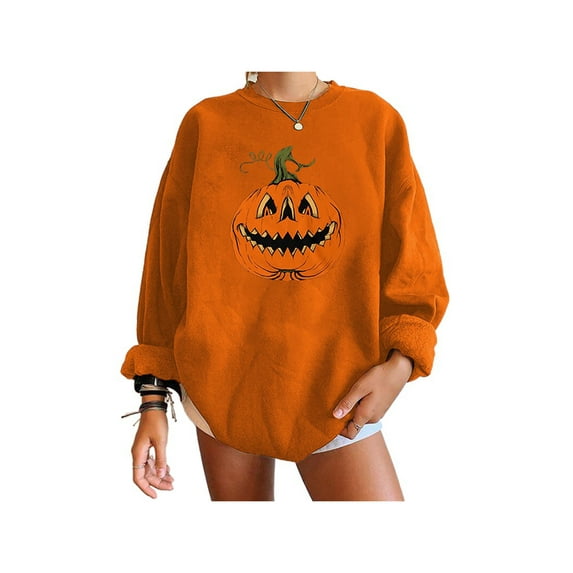 Qiylii Pumpkin Print Sweatshirt, Long Sleeve Round Neck Thicken Loose Pullover