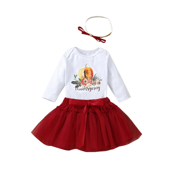 Qiylii Thanksgiving Day Girls Outfit Letter Pumpkin Print Bodysuit+Skirt+Headband