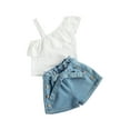 thumbnail image 1 of Qiylii Toddler Girls 2Pcs Summer Outfits, Strap Ruffle Tops + Denim Shorts, 1 of 6