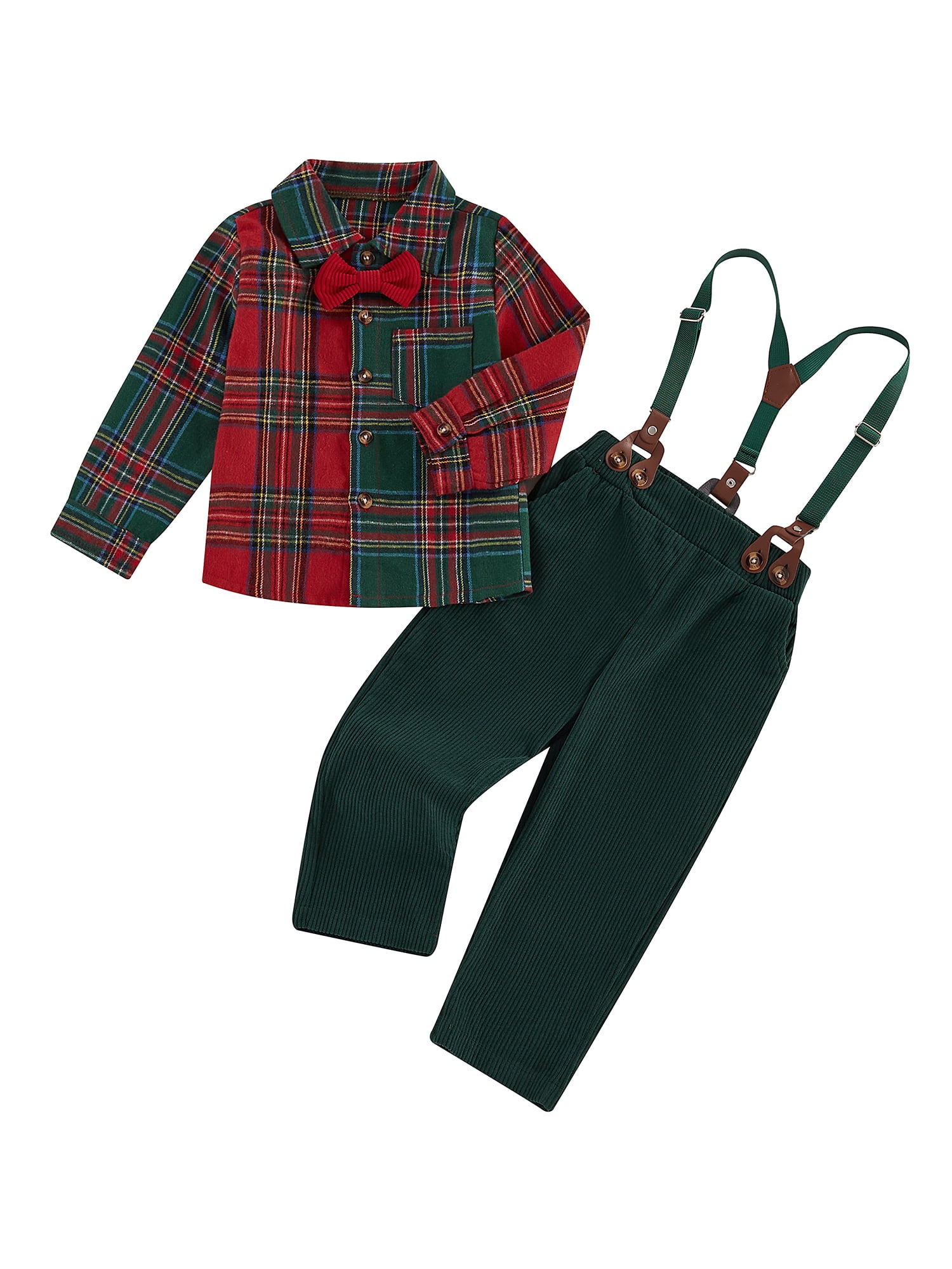 Toddler Kids Boy Gentleman Outfit for Christmas 1 2 3 4 5 6 7 Years Plaid Print Button Long Sleeves Shirt and Suspender Pants Set for Formal Wear