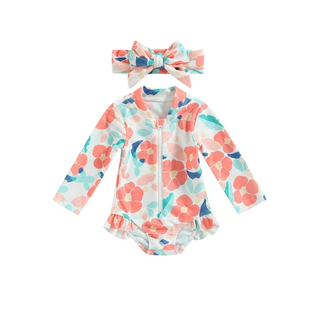 Qiylii Toddler Kids Girls Summer Romper Swimwear 9 12 18 24 Months 2T 3T 4T Long Sleeve Floral Bathing Suit Swimsuit with Headband