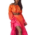 thumbnail image 1 of Qiylii Women 2 Piece Beach Outfits Off Shoulder Puff Long Sleeve Crop Tops Gradient Ruffle Slit Skirt Maxi Dress Cover Up Sets, 1 of 2