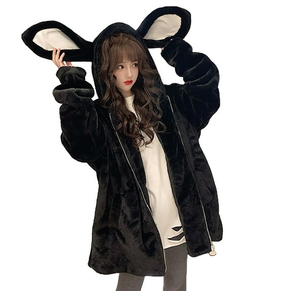Qiylii Women Bunny Ear Hoodie, Adults Fuzzy Fluffy Long Sleeve Sweatshirt
