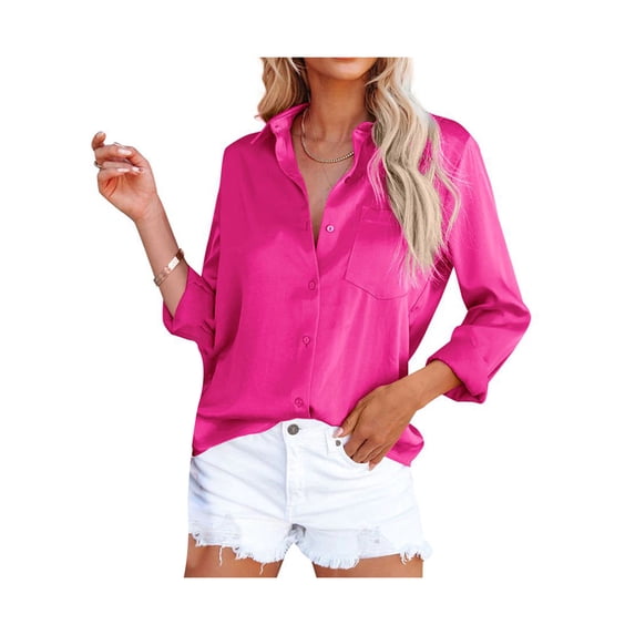 Qiylii Women Button Down Satin Shirts, Long Sleeve Lapel Solid Color Relaxed Fit Office Work Blouse