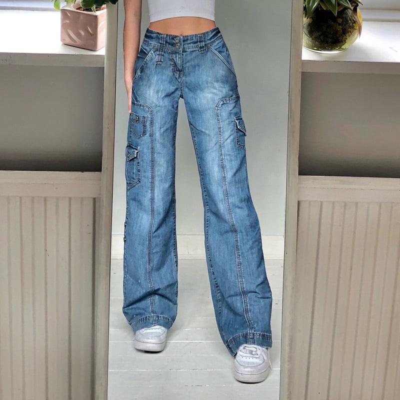 Qiylii Women Cargo Jeans, High Waist Wide-leg Denim Trousers with Pocket,  Blue 