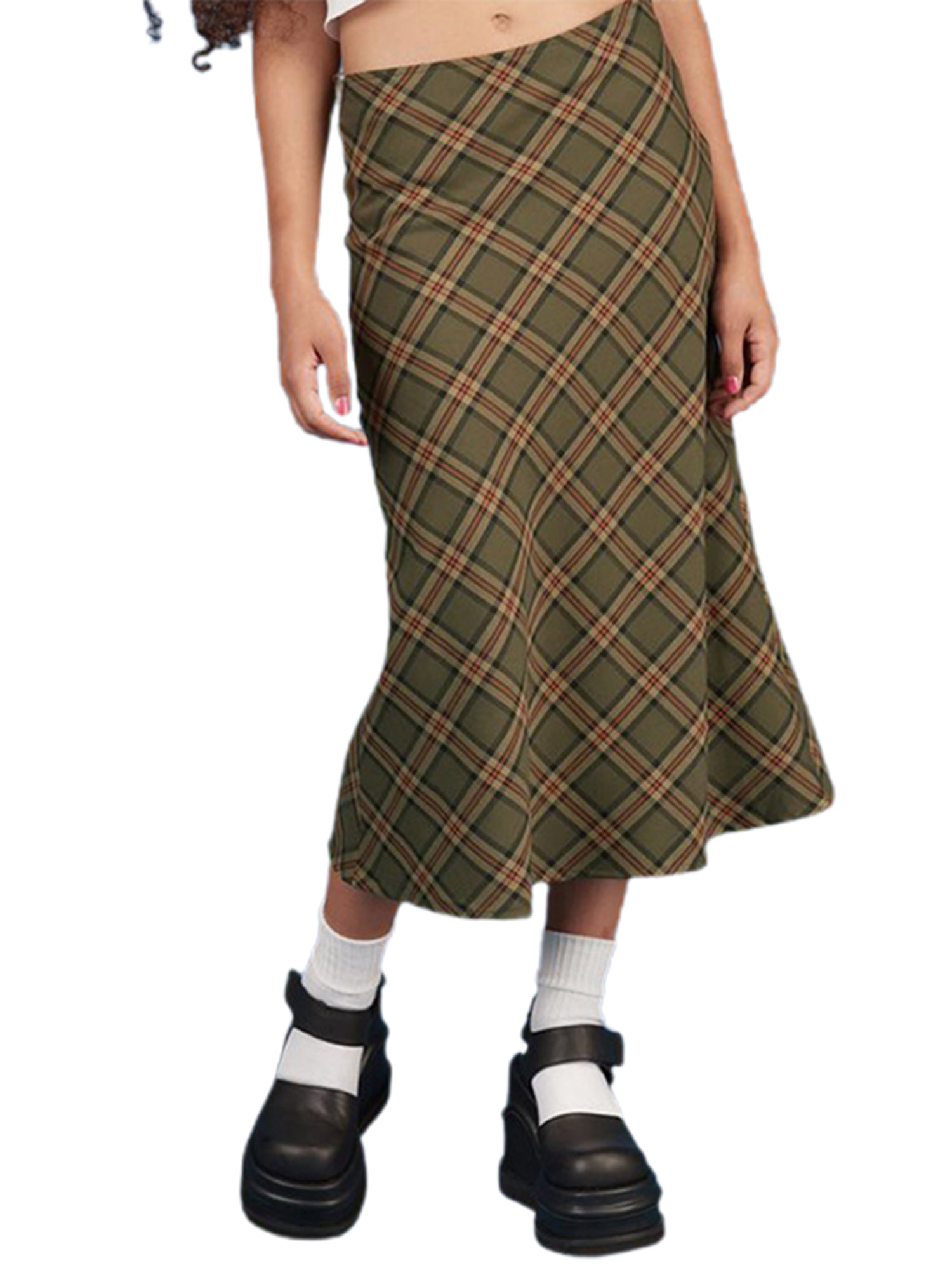 Qiylii Women Casual Long Skirt, Plaid Printed Pattern High Waist