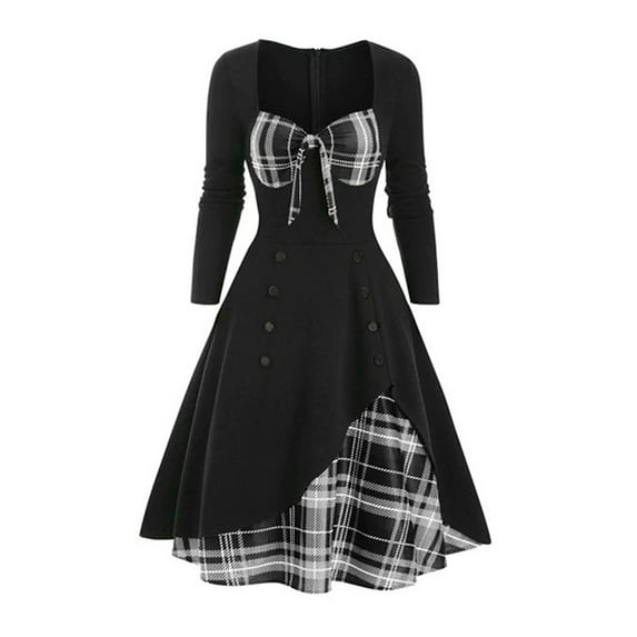 Qiylii Women Christmas Vintage Plaid Mid Dress Short Sleeve Patchwork Bowknot Neckline Party Cocktail Xmas Holiday Dresses