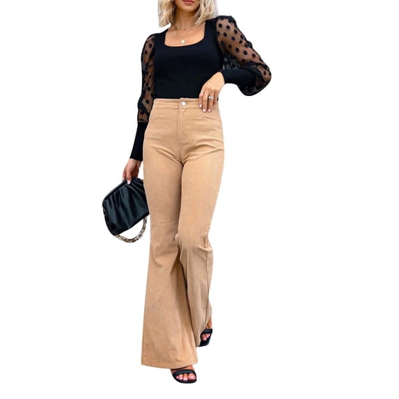 Qiylii Women Corduroy Flared Pants Solid Color Casual Stretch High Waist Bootcut Bell Bottom Trousers Streetwear