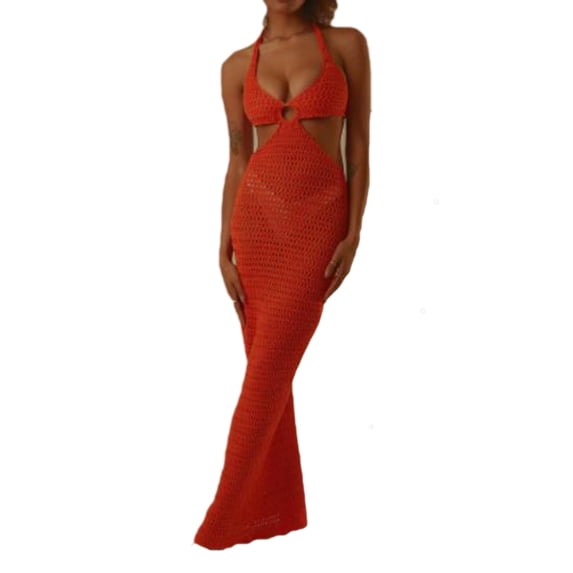 Qiylii Women Crochet Knit Maxi Dresses Y2K Hollow Out Long Dresses Halter Neck Bodycon Dress Retro Summer Beachwear
