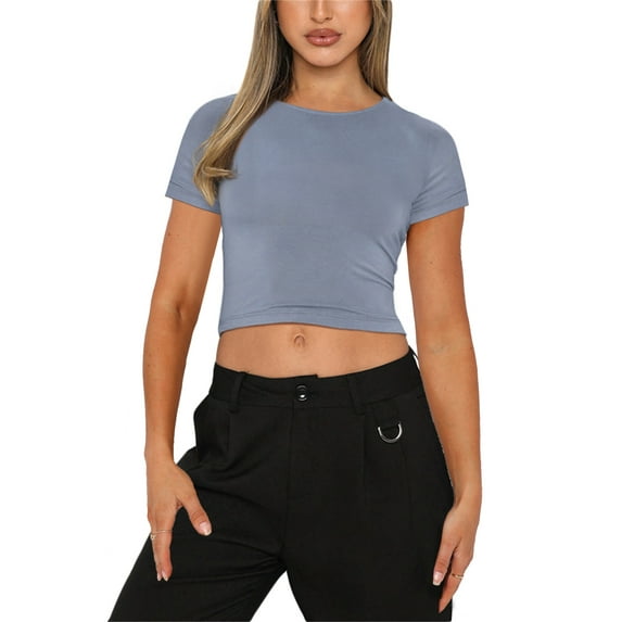 Qiylii Women Crop T shirt, Short Sleeve Round Neck Backless Solid Color Casual Party Short Tops