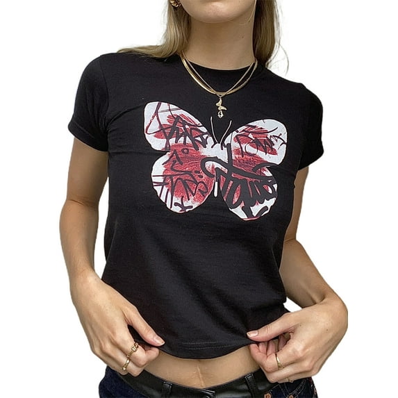 Qiylii Women Crop Tops 90S Vintage Short Sleeve Tee Tops Graphic Print Grunge Shirt Slim Fit Streetwear
