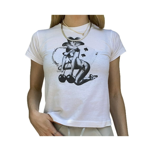 Qiylii Women Crop Tops 90S Vintage Short Sleeve Tee Tops Graphic Print Grunge Shirt Slim Fit Streetwear