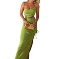 thumbnail image 1 of Qiylii Women Cutout Maxi Dress Irregular Spaghetti Strap Backless Ruched Bodycon Side Split Long Dress Sexy Beach Party Clubwear, 1 of 9