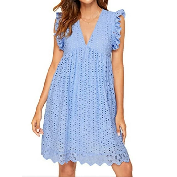 Qiylii Women Dresses for 2022 Summer V Neck Fly Sleeve Lace Jacquard Solid Color Loose Dresses with Lined Shorts
