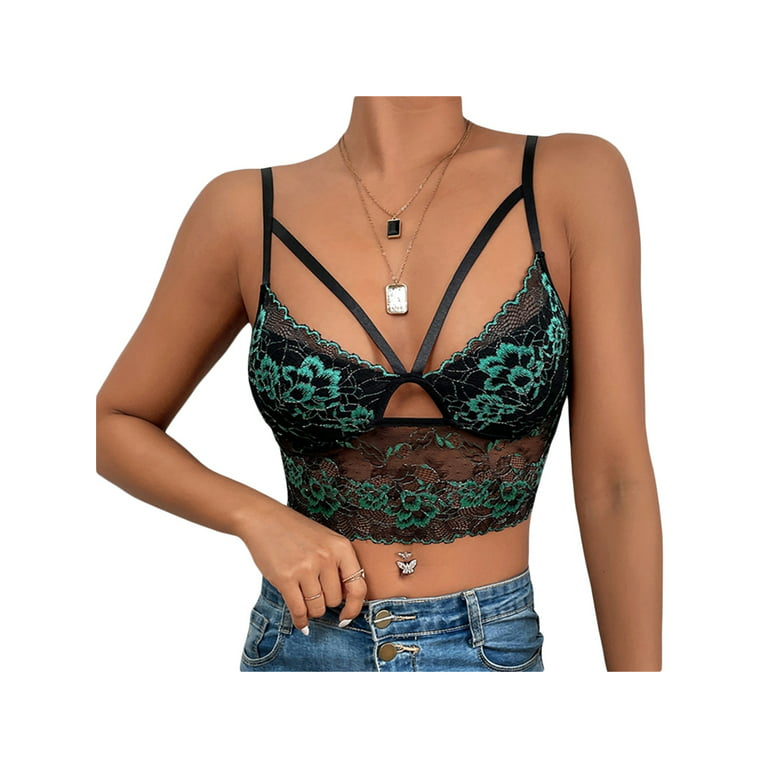 Qiylii Women Floral Lace Corset Camisole Crop Top Sexy V Neck Sheer Mesh  Spaghetti Strap Tank Aesthetic Patchwork Backless Vest 