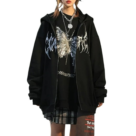 Qiylii Women Gothic Butterfly Zip Up Oversized Hoodie Casual Harajuku Aesthetic Coat Clothes Grunge Punk Jacket Hip Hop Streetwear