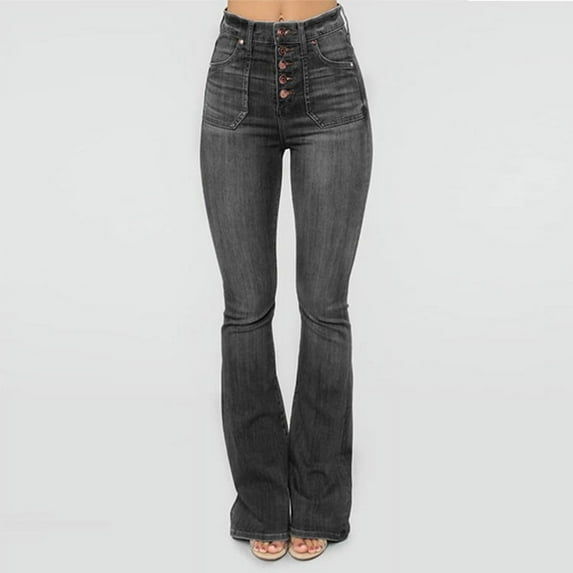 Qiylii Women Gradient Jeans, Button Denim Bell-bottoms with Pockets