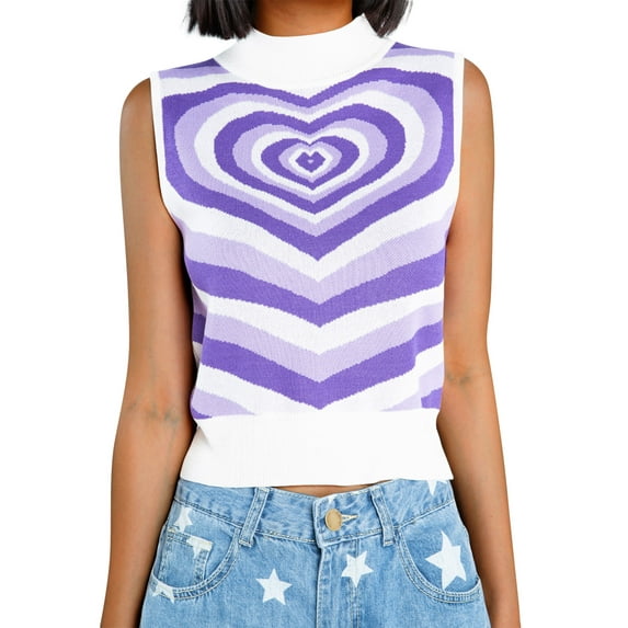 Qiylii Women Half High Collar Knitwear,Sleeveless Midriff-baring Knit Heart Top