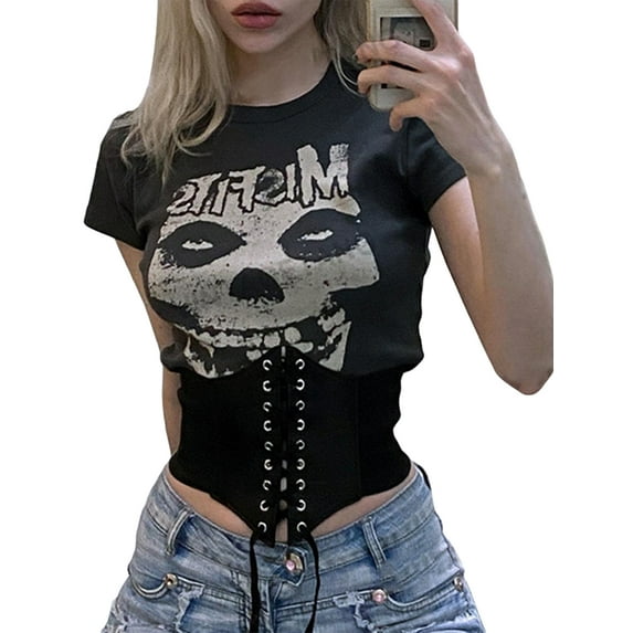 Qiylii Women Halloween Short Sleeve Tops with Skull Letter Print, Vintage Goth Crew Neck Summer Clothing