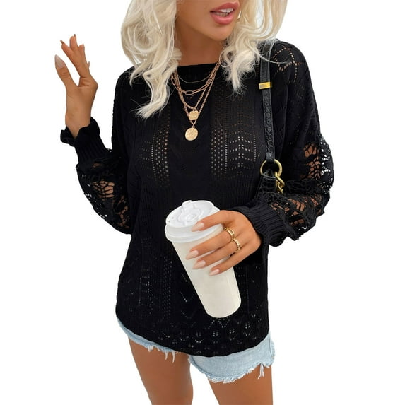 Qiylii Women Hollow Out Sweater, Solid Color O-Collar Loose Knitwear,S-XL