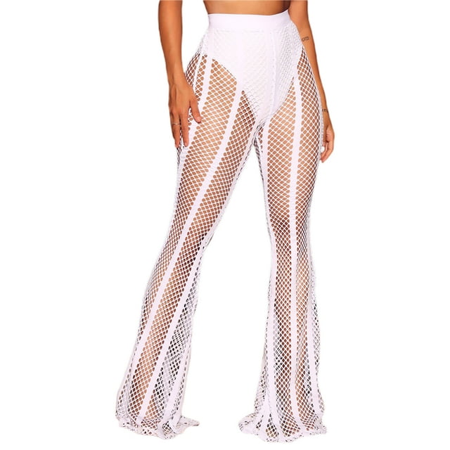 Qiylii Women Hollowout Mesh Pants, See Through Coverup Pant