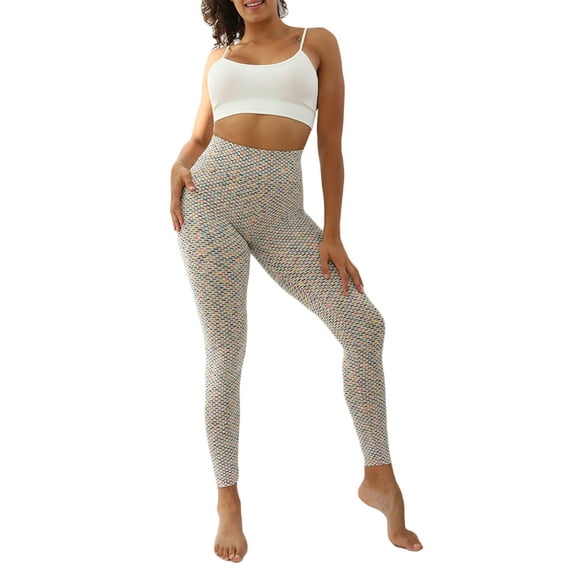 Qiylii Women Honeycomb Grid Jacquard Yoga Leggings, Tummy-Control Elastic Pants
