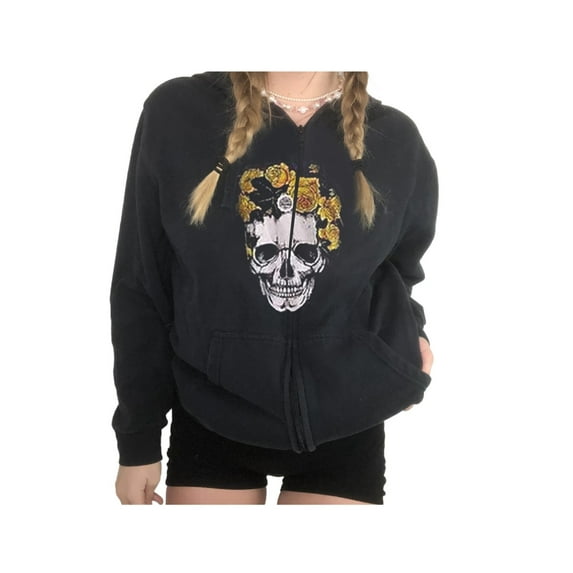 Qiylii Women Hoodie, Skull/Skeleton Print Hooded Zipper-Open Sweatshirt