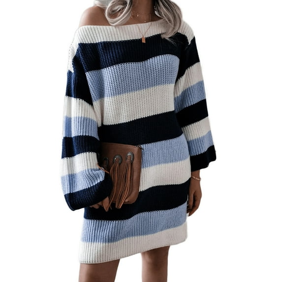 Qiylii Women Knit Dress, Striped O-Neck Long Sleeve Loose One-piece Dresses
