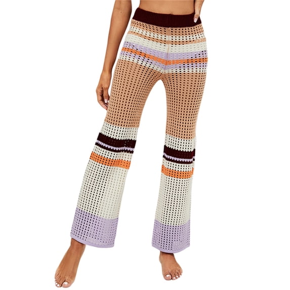 Qiylii Women Knitted Casual Pants, Splicing Color Hollow-Out Mesh Middle-Waisted Straight-Leg Trousers for Girls, S/M/L/XL