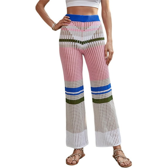 Qiylii Women Knitted Casual Pants, Splicing Color Hollow-Out Mesh Middle-Waisted Straight-Leg Trousers for Girls, S/M/L/XL