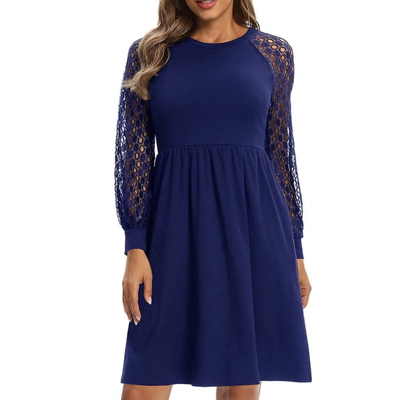 Qiylii Women Lace Patchwork Party Dress Hollow Out Long Sleeve Solid Color Cocktail Evening Short Dress with Pockets