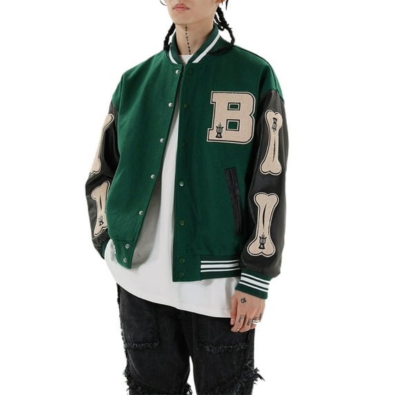 Qiylii Women Leather Baseball Jackets,Long Sleeve Bone Letter Embroidery Tops