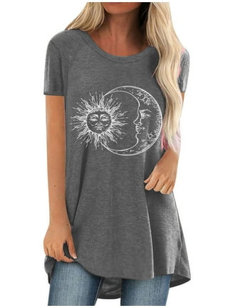 H40 Moon And Sun Print Blue Women's T Shirt O Neck Short Sleeve