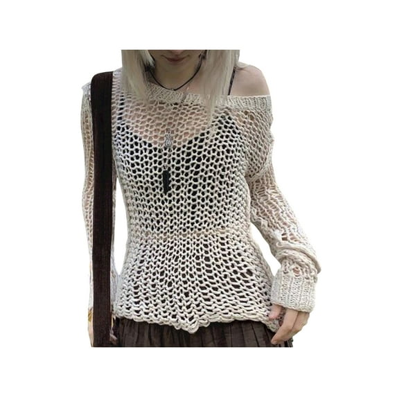 Qiylii Women Long Sleeve Hollow Out Sweater Crop Top Crochet Knitting Fairy Grunge Top Vintage 90s E-Girl Streetwear