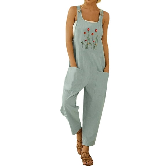 Qiylii Women Loose Bib Pants, Sleeveless Floral Embroidery Jumpsuits
