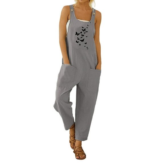 Qiylii Women Loose Style Jumpsuit, Floral U-shaped Collar Sleeveless Overalls