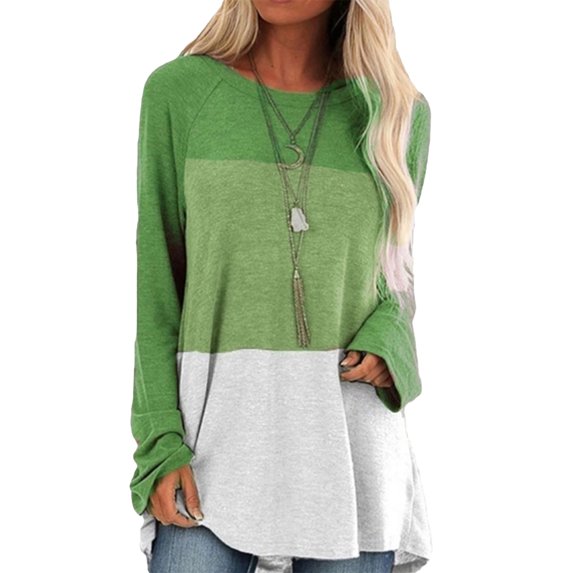 Qiylii Women Patchwork Loose T-shirt, Adults Casual Contrast Color Round Neck Long Sleeve Pullover Tops