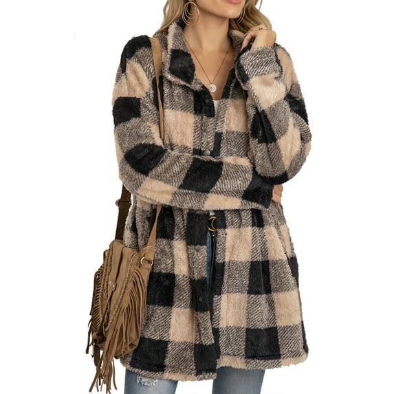 Qiylii Women Plaid Mid-length Coat,Lapel Neck Single-breasted Thick Plush Jacket