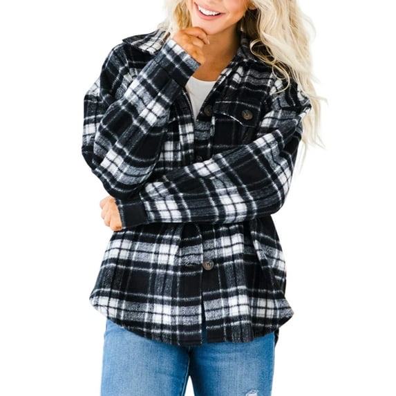 Qiylii Women Plaid Shirt Jacket, Long Sleeve Button-down Lapel Outerwear