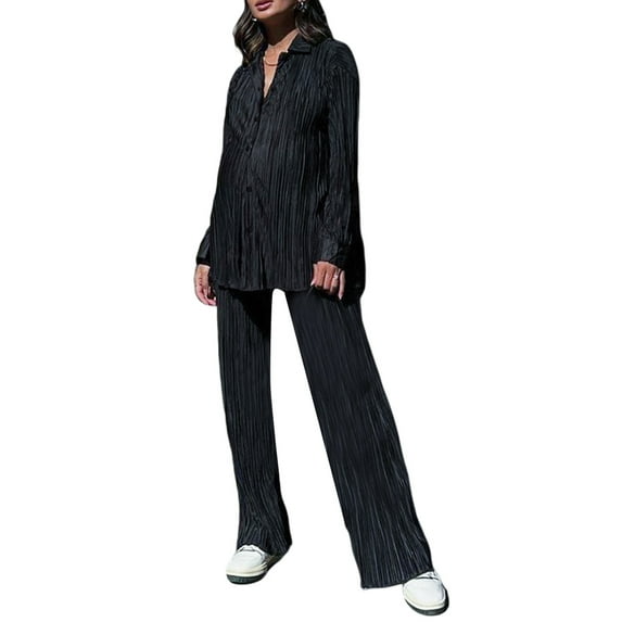 Qiylii Women Pleated 2 Piece Pants Outfits Casual Loose Button Shirt Blouse Top Long Wide Leg Palazzo Pants Set