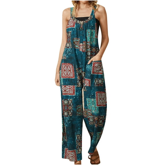 Qiylii Women Retro Style Printed Overalls, Sleeveless Loose Fit Long Jumpsuit