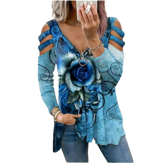 Qiylii Women Rose Print Loose T-shirt,Long Cutout Sleeve Zipper V-neck Pullover
